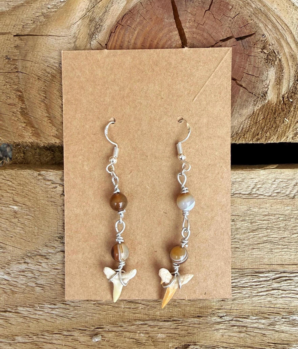 Shark Tooth Earrings, Fossil Shark Tooth Jewellery, Handmade Silver Brown Tan Drop Earrings, Boho Beach Jewellery, Ocean Gift
