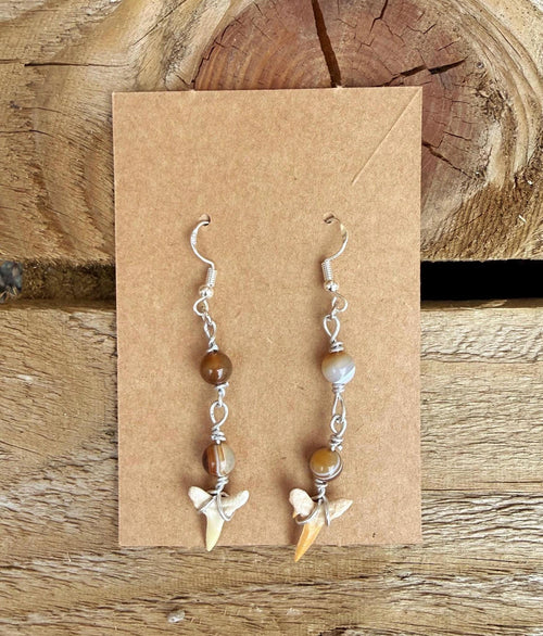 Shark Tooth Earrings, Fossil Shark Tooth Jewellery, Handmade Silver Brown Tan Drop Earrings, Boho Beach Jewellery, Ocean Gift
