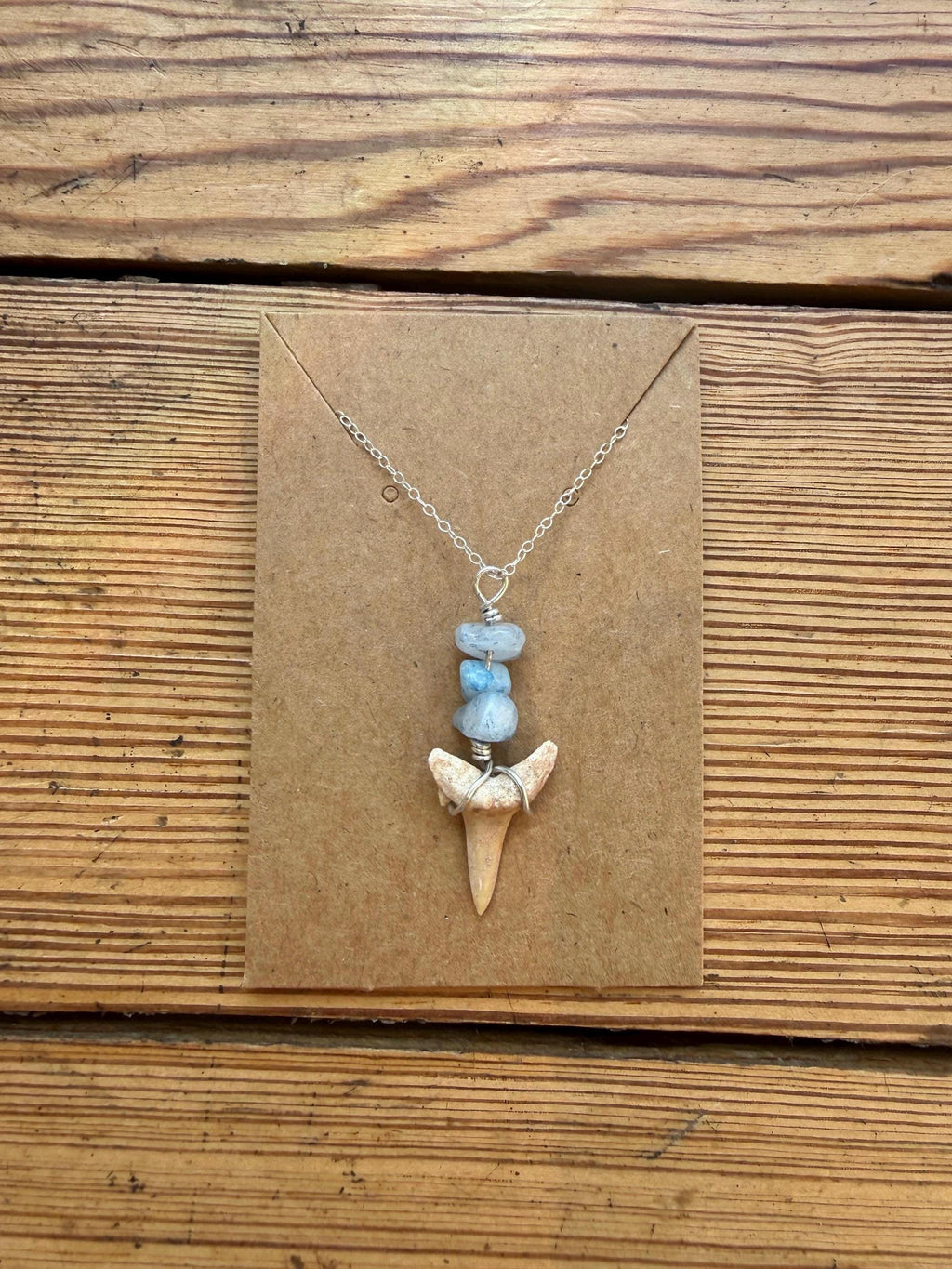 Shark Tooth Necklace, Fossil Shark Tooth Jewellery, Handmade Silver Light Blue Stacks Necklace, Boho Beach Jewellery, Ocean Gift