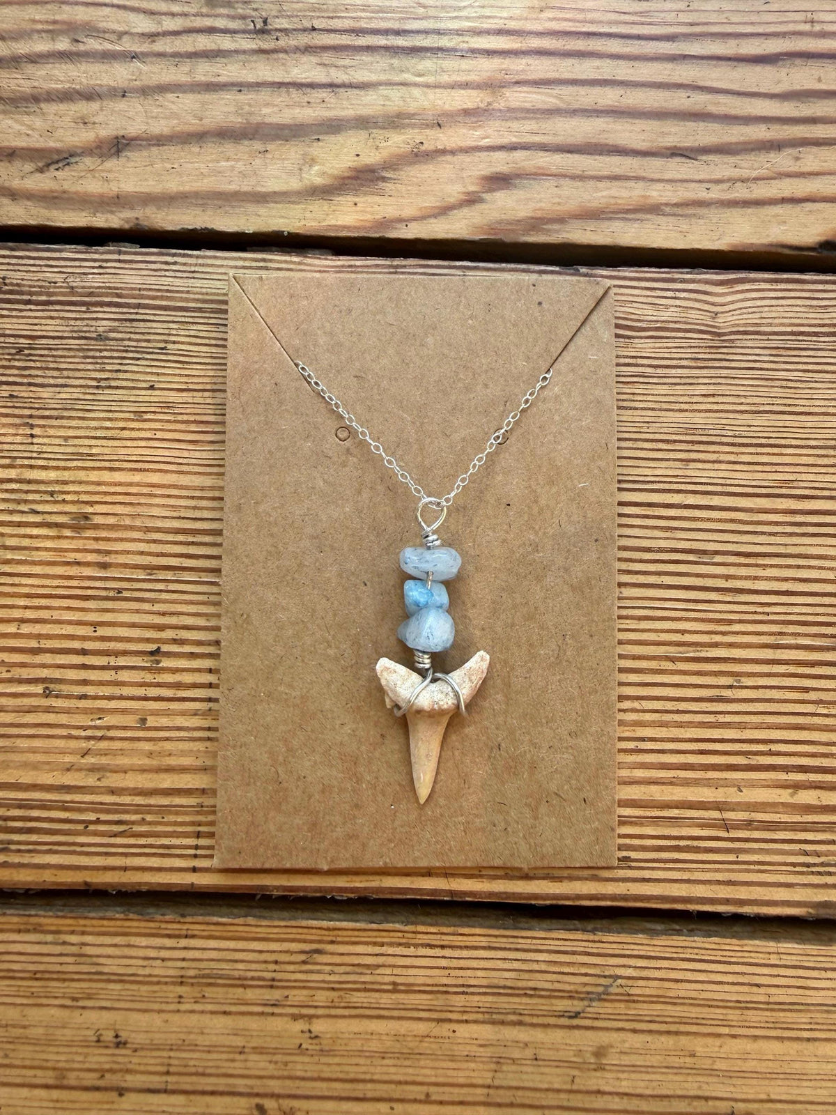 Shark Tooth Necklace, Fossil Shark Tooth Jewellery, Handmade Silver Light Blue Stacks Necklace, Boho Beach Jewellery, Ocean Gift