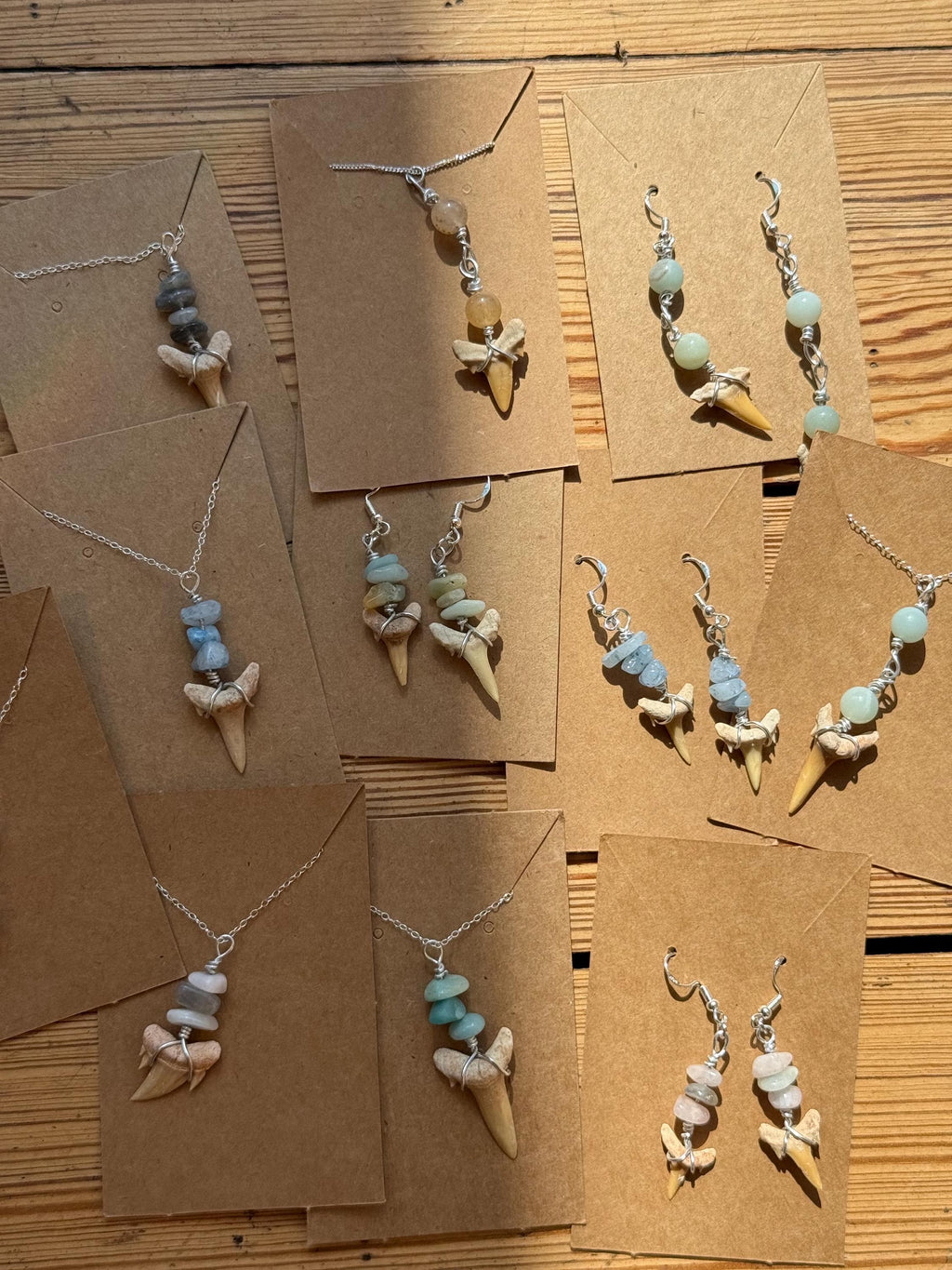 Seafoam Drops Necklace | Handmade Fossil Shark Tooth Jewellery | Turquoise & Sea Glass