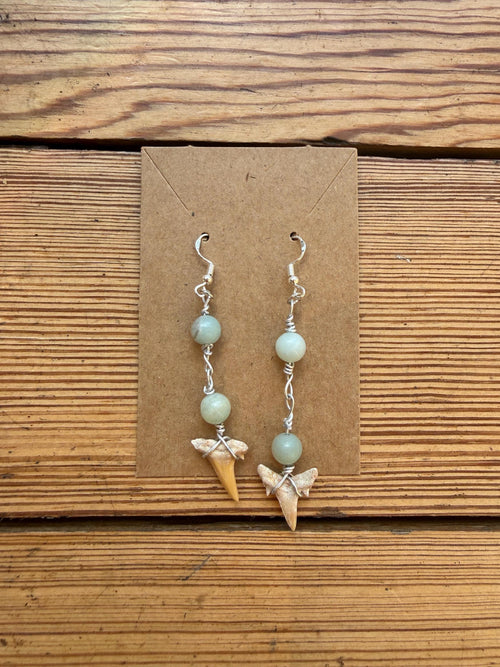 Seafoam Drop Earrings | Handmade Fossil Shark Tooth Jewellery | Turquoise & Sea Glass