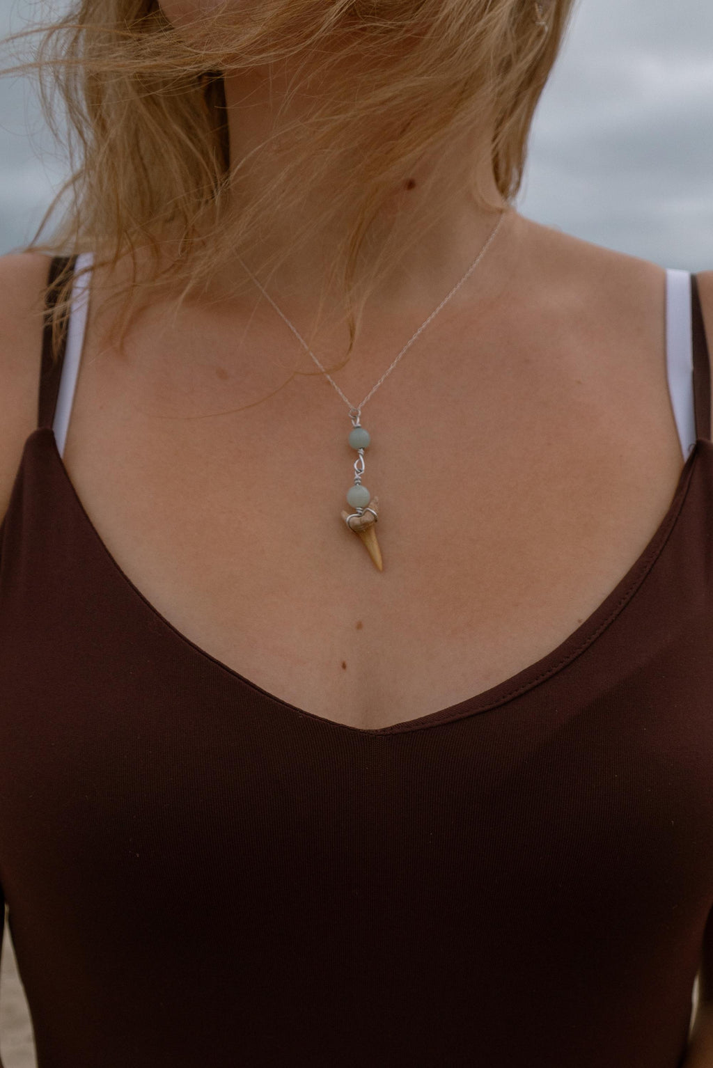 Seafoam Drops Necklace | Handmade Fossil Shark Tooth Jewellery | Turquoise & Sea Glass