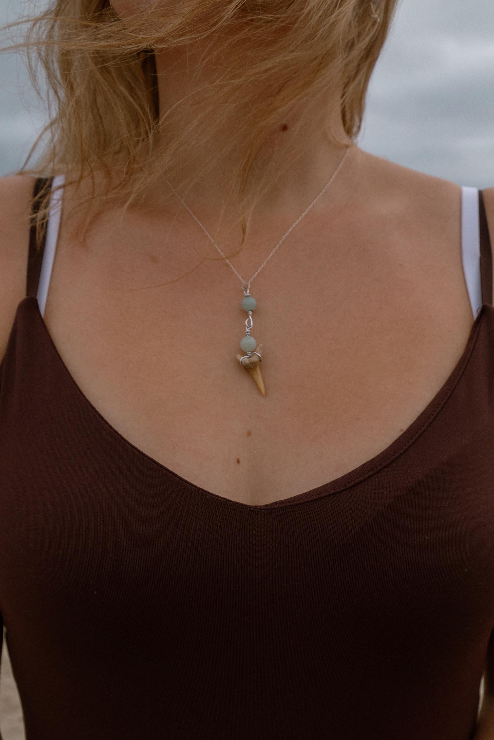 Seafoam Drops Necklace | Handmade Fossil Shark Tooth Jewellery | Turquoise & Sea Glass