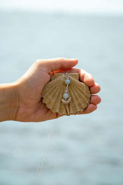Seafoam Drops Necklace | Handmade Fossil Shark Tooth Jewellery | Turquoise & Sea Glass