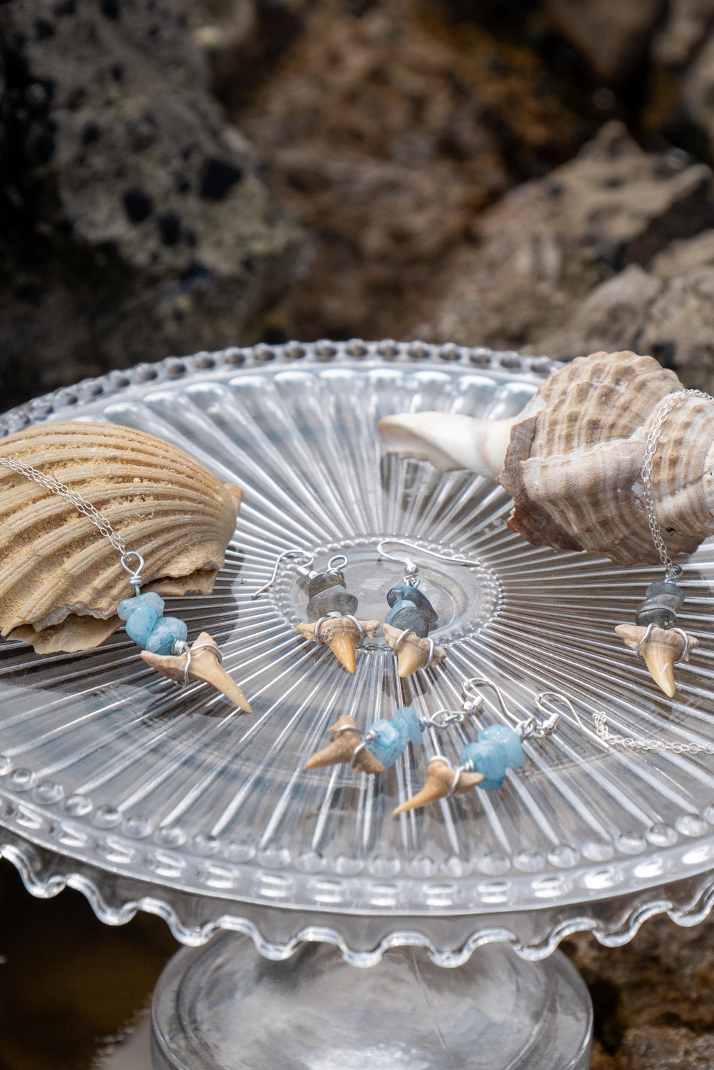 Blue Hour Stacks Necklace (Lighter Tone) | Handmade Fossil Shark Tooth Jewellery | Shallow Ocean Blue