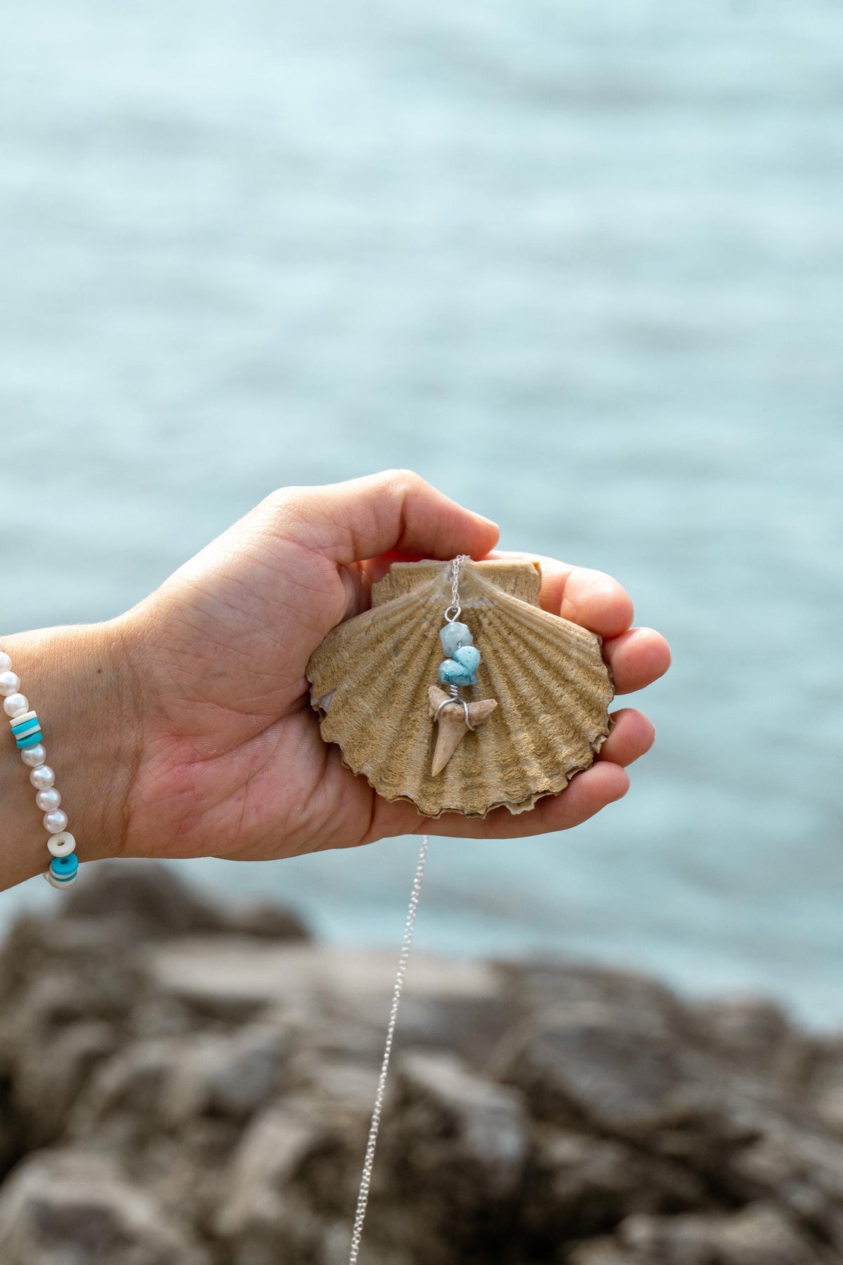 Blue Hour Stacks Necklace (Lighter Tone) | Handmade Fossil Shark Tooth Jewellery | Shallow Ocean Blue