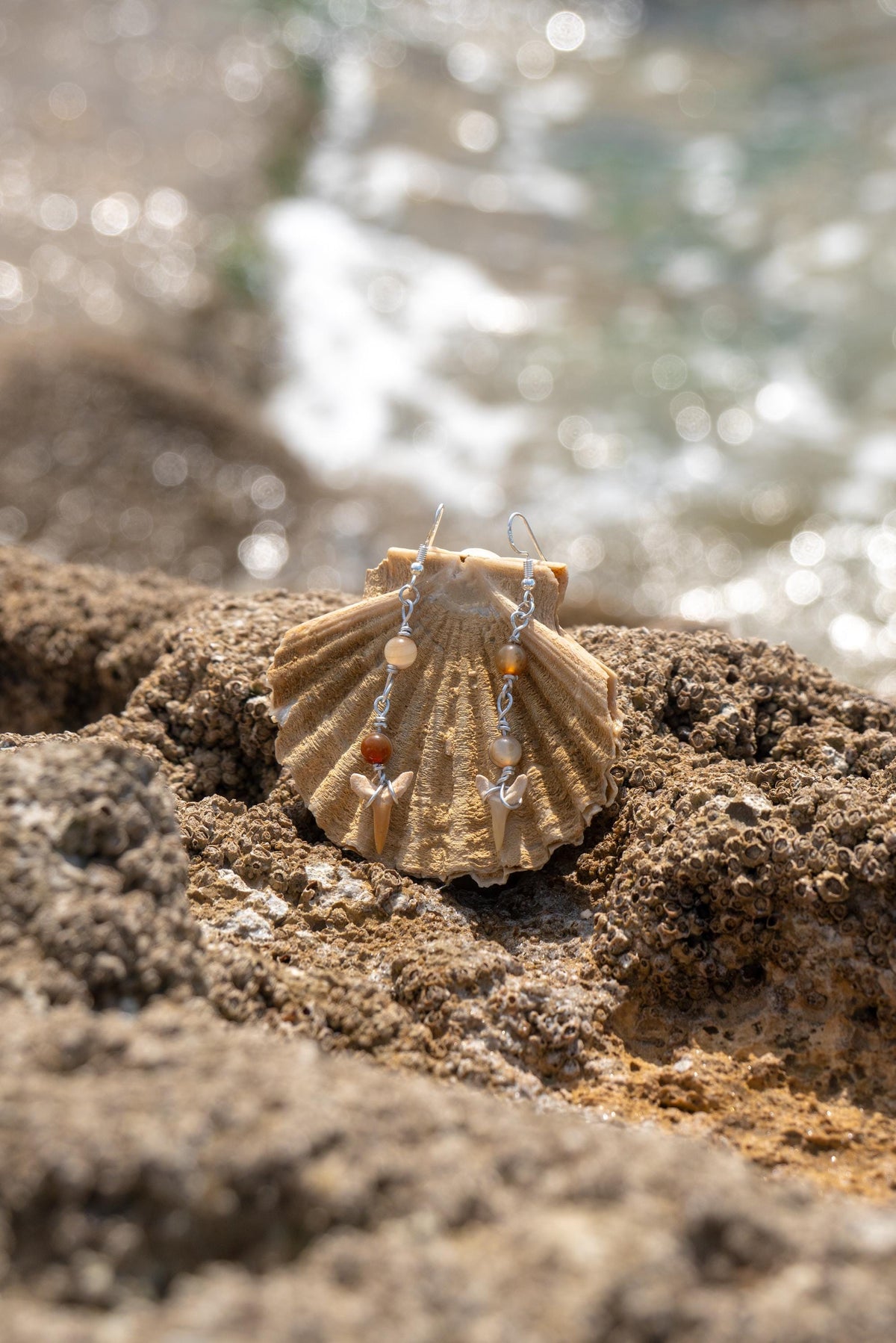Fossil Sand Drop Earrings | Handmade Fossil Shark Tooth Jewellery | Earthy Brown & Tan