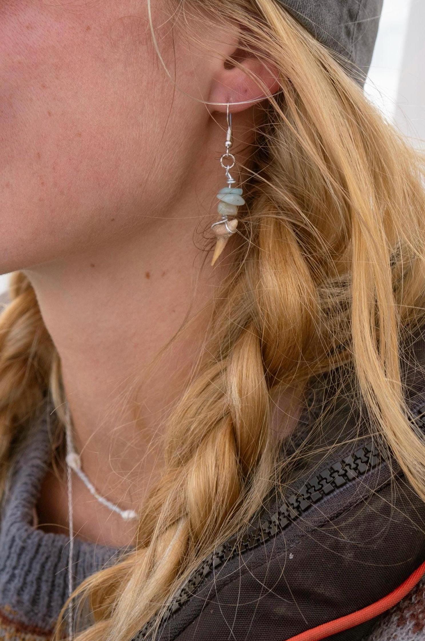 Seafoam Stacks Earrings | Handmade Fossil Shark Tooth Jewellery | Turquoise & Sea Glass